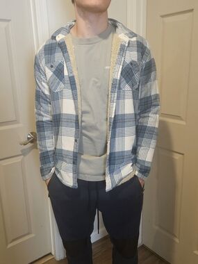 Men's Blue & White Plaid Sherpa-Lined Shirt Jacket